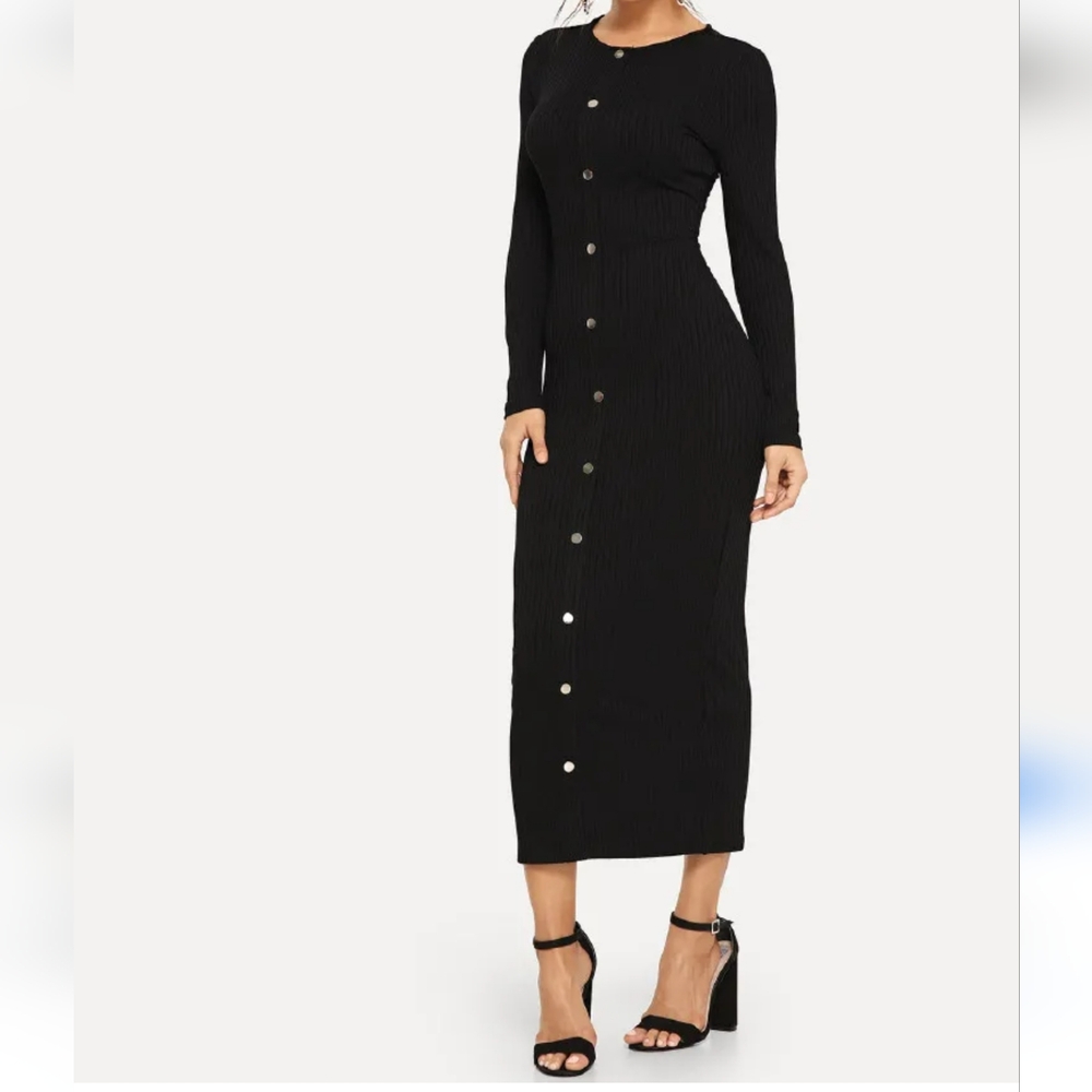 NWOT Shein Clasi Women's Black Crew Neck Long Sleeve Button Front Maxi Dress